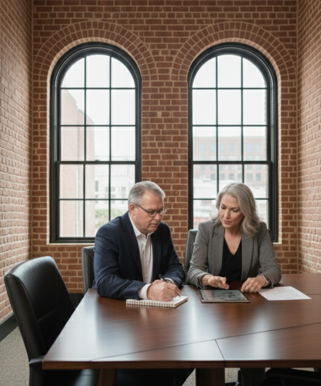 Two people working side by side at a conference table